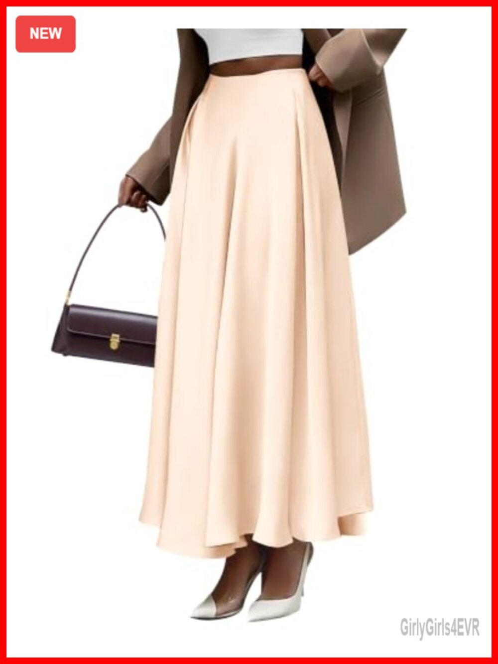 Satin Maxi Skirt High Waisted A-Line Pleated Hem
